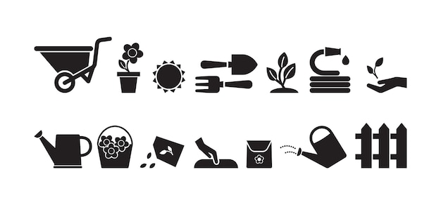Set di icone vettoriali giardino sagome nere giardinaggio illustrazione semplice