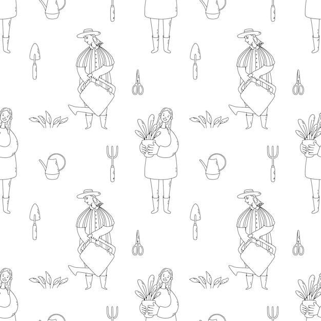 Garden vector seamless pattern with women watering can plants shovel pitchfork