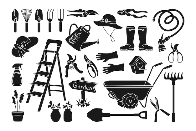 Vector garden village work black glyph cartoon set