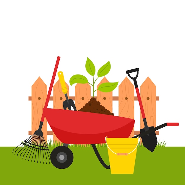 Vector a garden wheelbarrow with a plant and tools on the background of a fence and grass.