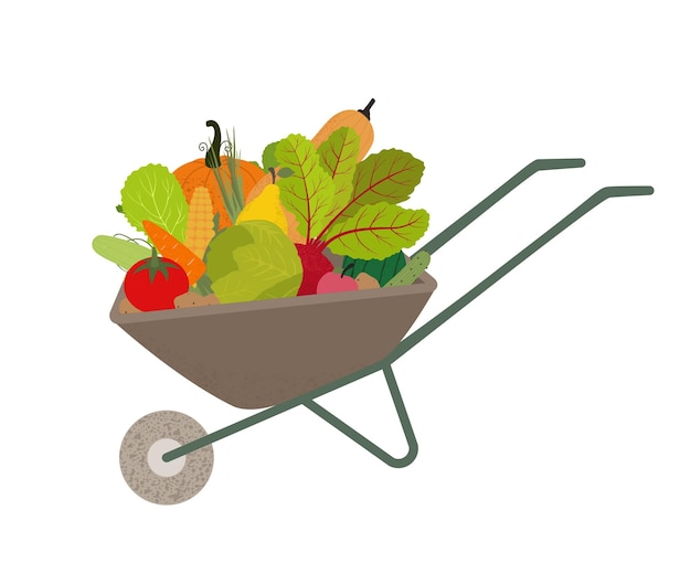 Садовая тачка с векторной иллюстрацией овощей и фруктов