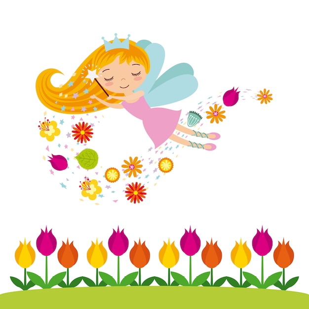 Vector garden with beautiful flowers and fairy girl icon