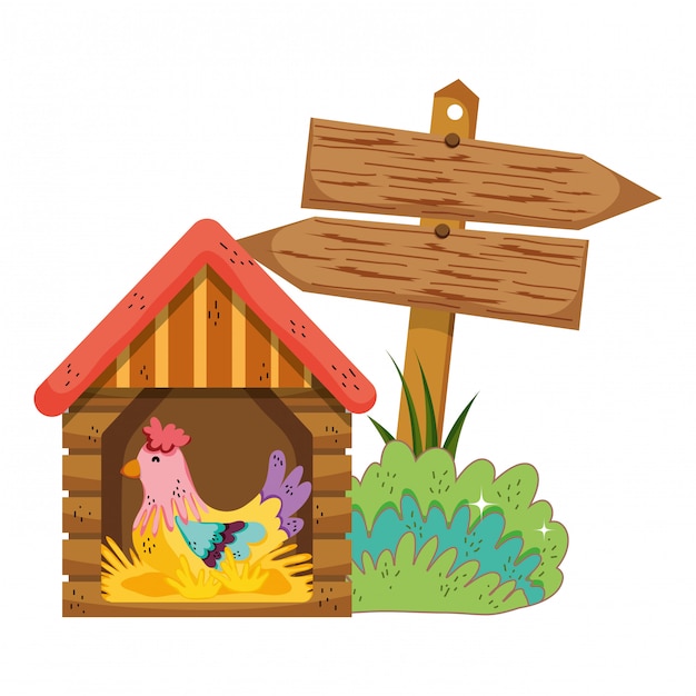 Garden with wooden arrow signal and rooster