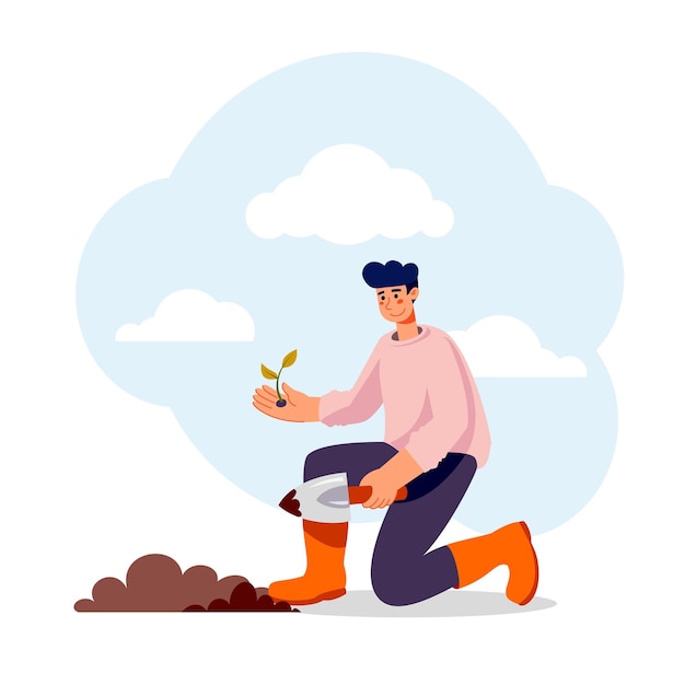 Garden work man planting tree with a garden shovel Cute flat vector illustration