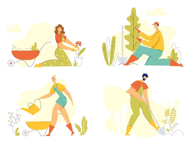 Gardener characters working in the garden concept. man planting tree, woman with watering can growing flowers. gardening, farming banner