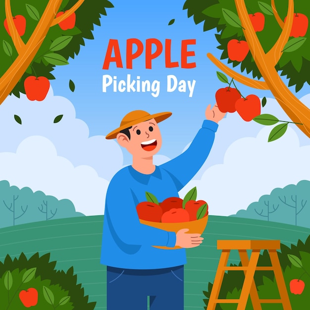 Vector gardener harvesting red apple at garden