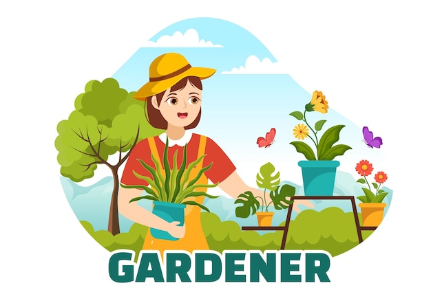 Gardener Illustration with Garden Tool and Farming in Botanical Summer Gardening Hand Drawn Template