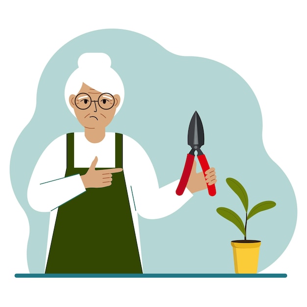 A gardener is a old woman in working clothes he has a pruner in his hand