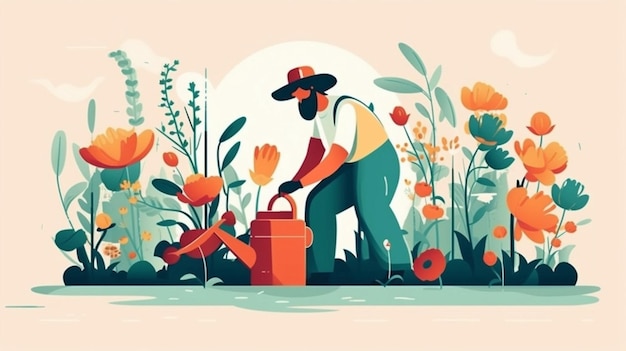 Vector the gardener is working hard in the countryside