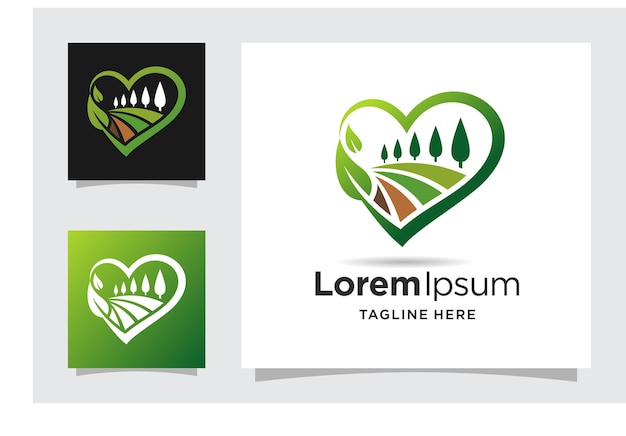 Vettore ispirazione per il design del logo del giardiniere icona dell'amore dell'agricoltore per la cura del prato con il concetto di vista del paesaggio