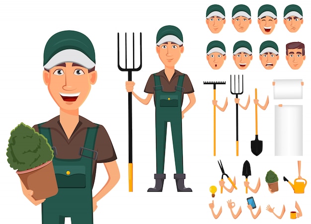 Gardener man, cartoon character in uniform