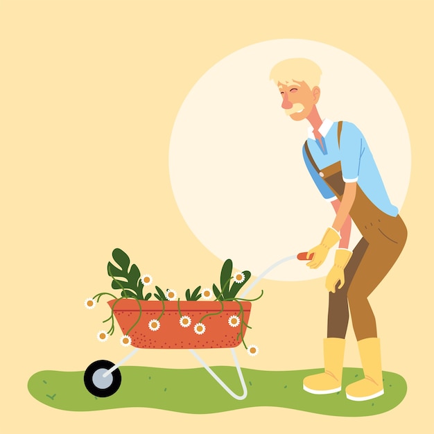 Gardener man cartoon with overall and flowers wheelbarrow design, Gardening garden planting and nature