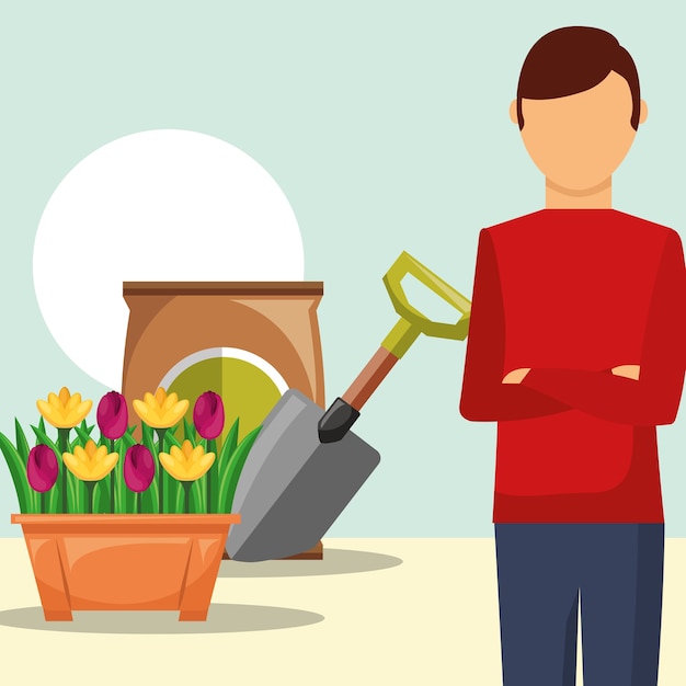 Vettore giardiniere uomo in vaso fiori pala e pacchetto
