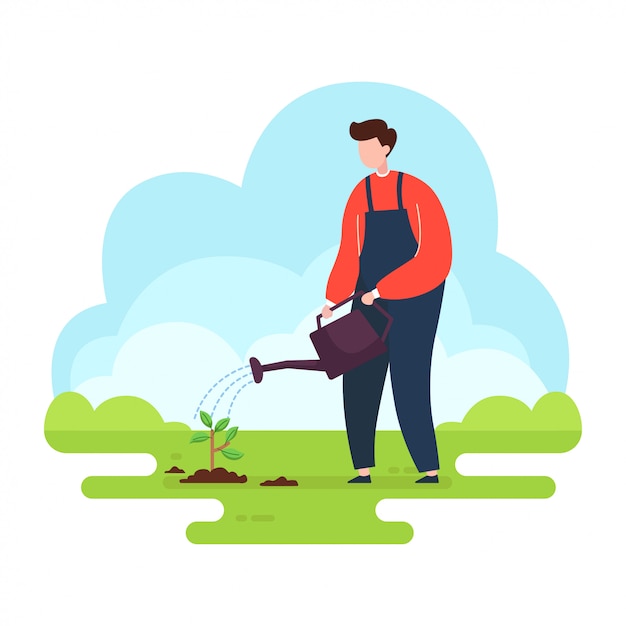 Gardener man watering plant