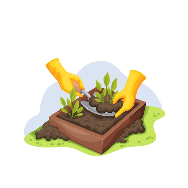 Vector gardener planting seedlings into crate