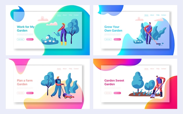 Gardener planting tree and bush set landing page.