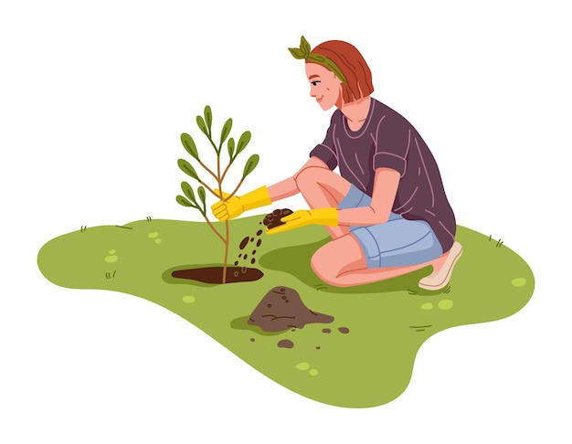 Вектор Садовник сажает саженцы деревьев в фермерском саду