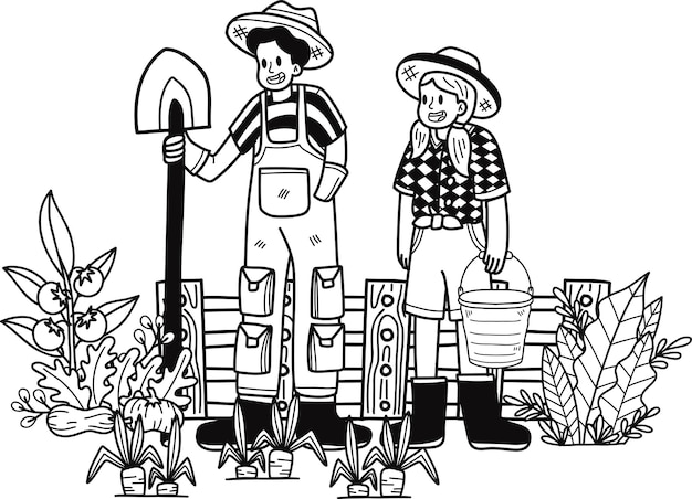 gardener planting vegetables illustration in doodle style