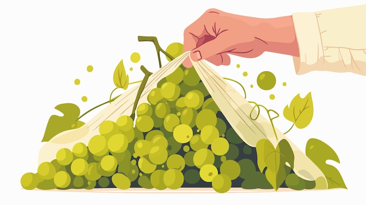 Vector gardener putting protective fabric bag on bunch of grapes