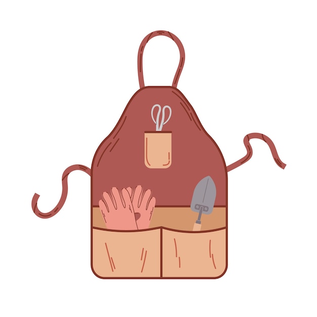 Gardener's apron with scissors gardening gloves and shovel in pocket