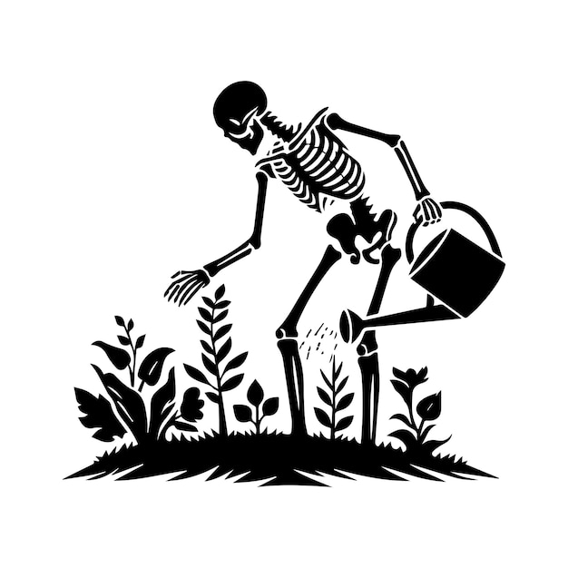 Vector gardener skeleton watering plants vector in black and white