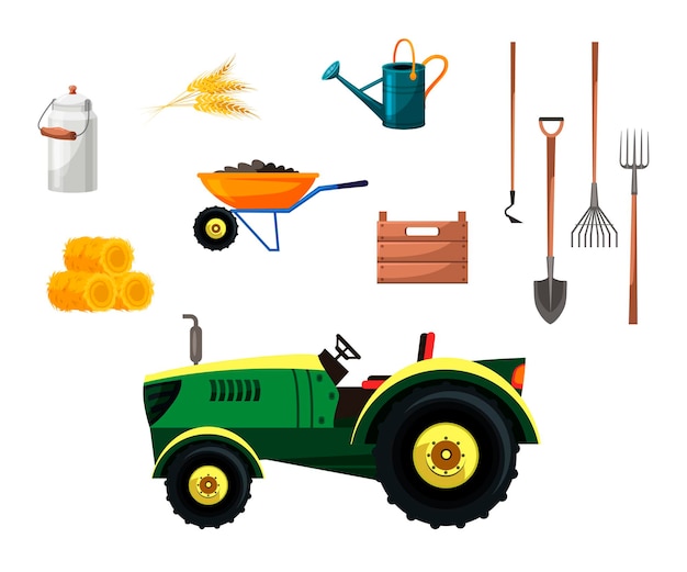 Vector gardener tools and agricultural machinery farm set tractor straw bales wheat ears canister shovel hoe pitchfork steel whisk wheelbarrow with soil watering can wood box