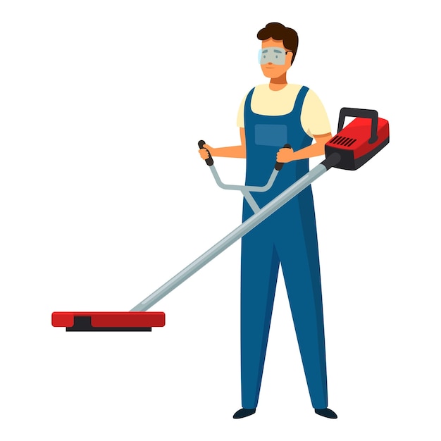 gardener wearing protective glasses holding brush cutter trimmer for cutting grass