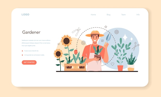 벡터 정원사 웹 배너 또는 방문 페이지. 에코 취미. 평면 벡터 일러스트 레이 션