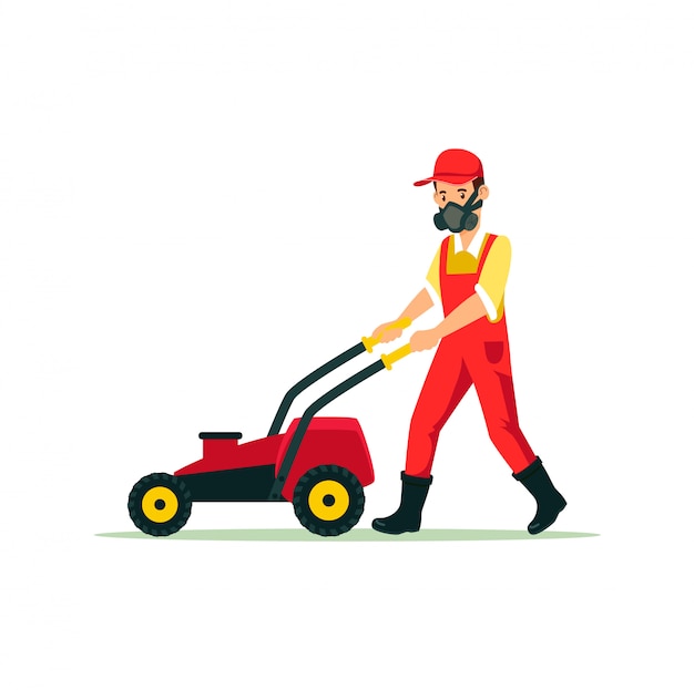 Gardener with lawn mower cartoon illustration