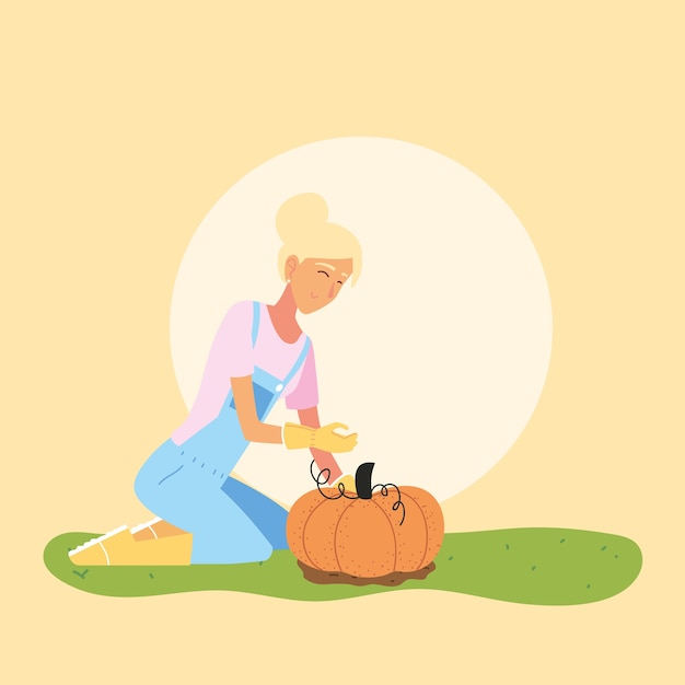 Gardener woman cartoon with overall and pumpkin design, Gardening garden planting and nature