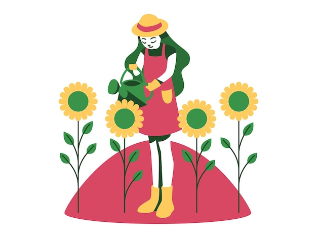 花の植物に水をまく庭師の女性