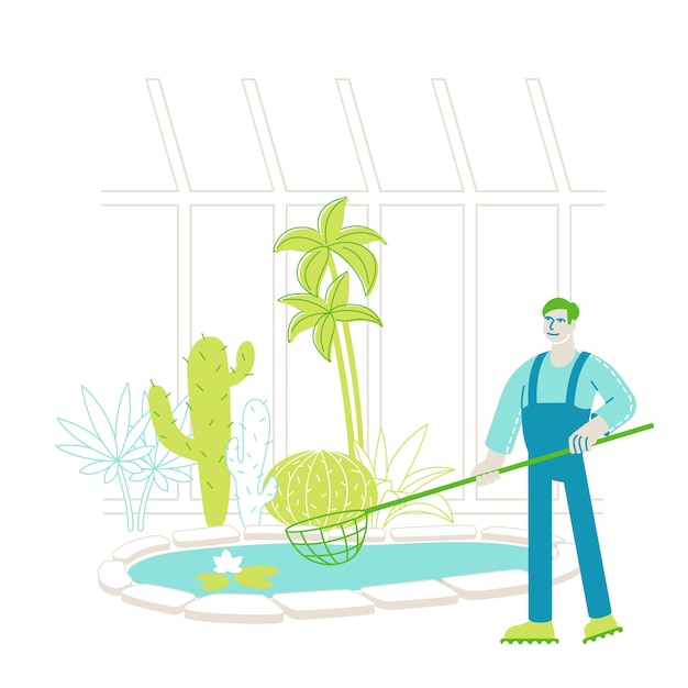 Vector gardener worker or botanist scientist character catch floating lotus flowers