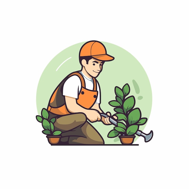 Gardener working in the garden Vector illustration in cartoon style