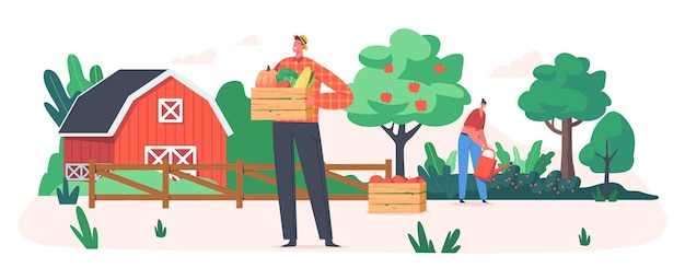 Gardeners collect fruit and vegetable, farmer characters working in garden or orchard harvesting crop. ecological healthy farm production. seasonal agriculture work. cartoon people vector illustration