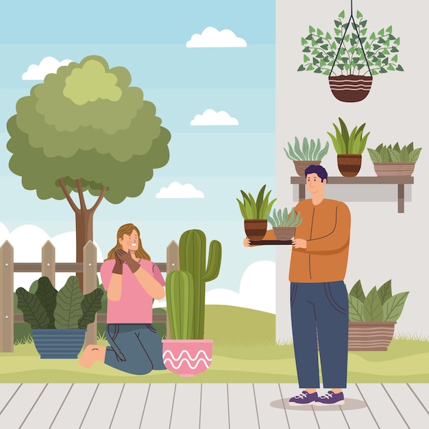 Vector gardeners couple working characters scene