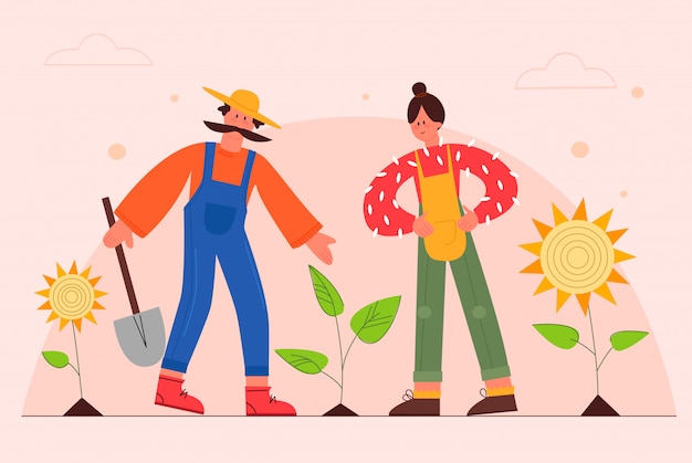 Illustrazione piana di vettore di giardinieri coppie degli agricoltori che piantano i girasoli in giardino. personaggi dei cartoni animati maschili e femminili che lavorano al ranch. famiglia agricola che si prende cura delle piante. concetto di giardinaggio.