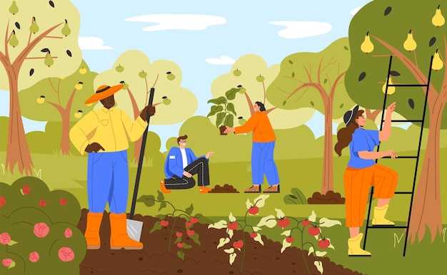 Gardeners in garden vector concept