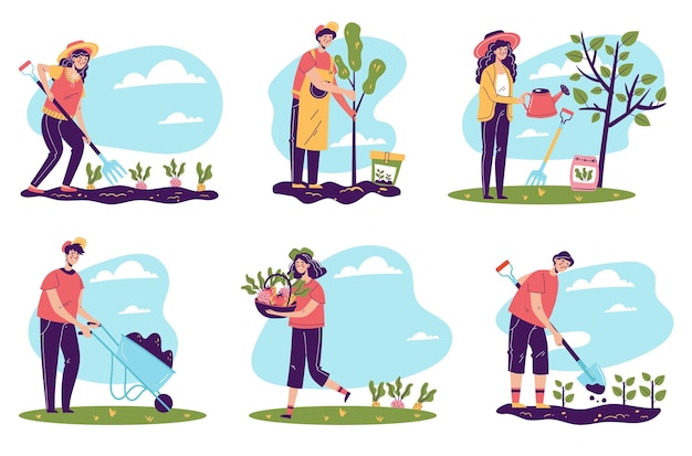 Gardeners people man woman characters working in garden farm land concept gardening spring summer