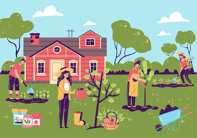 Vector gardeners people man woman characters working in garden farm land concept gardening spring summer