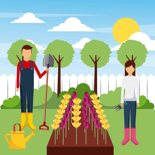 Vector gardeners working field with flowers tools tree