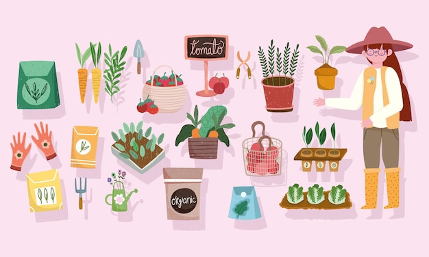 gardening agriculture people vegetables tools icons  illustration