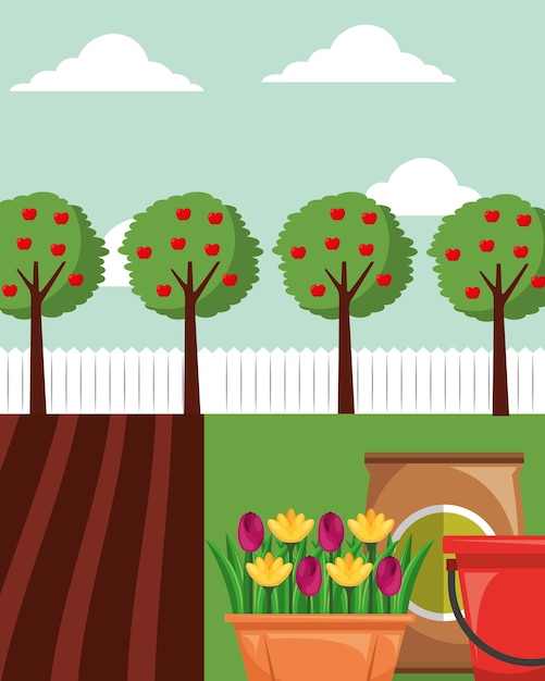 Vector gardening apple trees flowers in pot potting soil and bucket