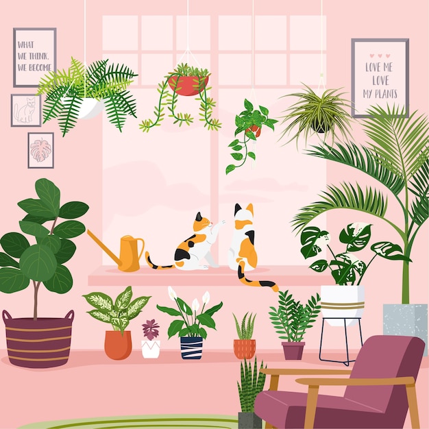 Gardening at home concept, een woonkamer versierd met kamerplanten