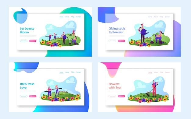 Садовый бизнес, набор шаблонов целевой страницы для активного отдыха. персонажи-садоводы в рабочих спецодежде уход за цветами на полях, поливе, посадке всходов. мультфильм люди векторные иллюстрации
