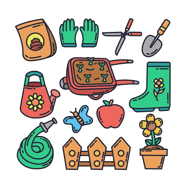 Vector gardening cartoon illustration set