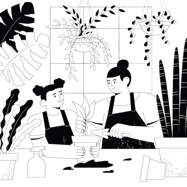 Gardening concept. Mother and daughter cultivating potted plants at home. Vector illustration.