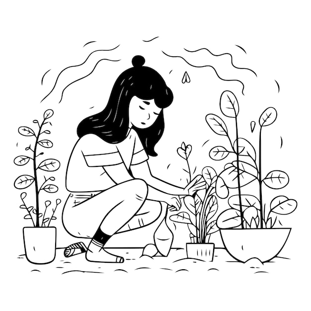 Gardening concept Young woman watering plants in pots