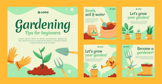 Vector gardening and cultivation instagram posts collection