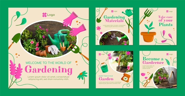 Vector gardening and cultivation instagram posts collection