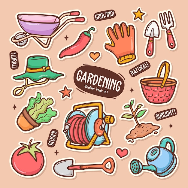 Gardening cute doodle vector sticker collection